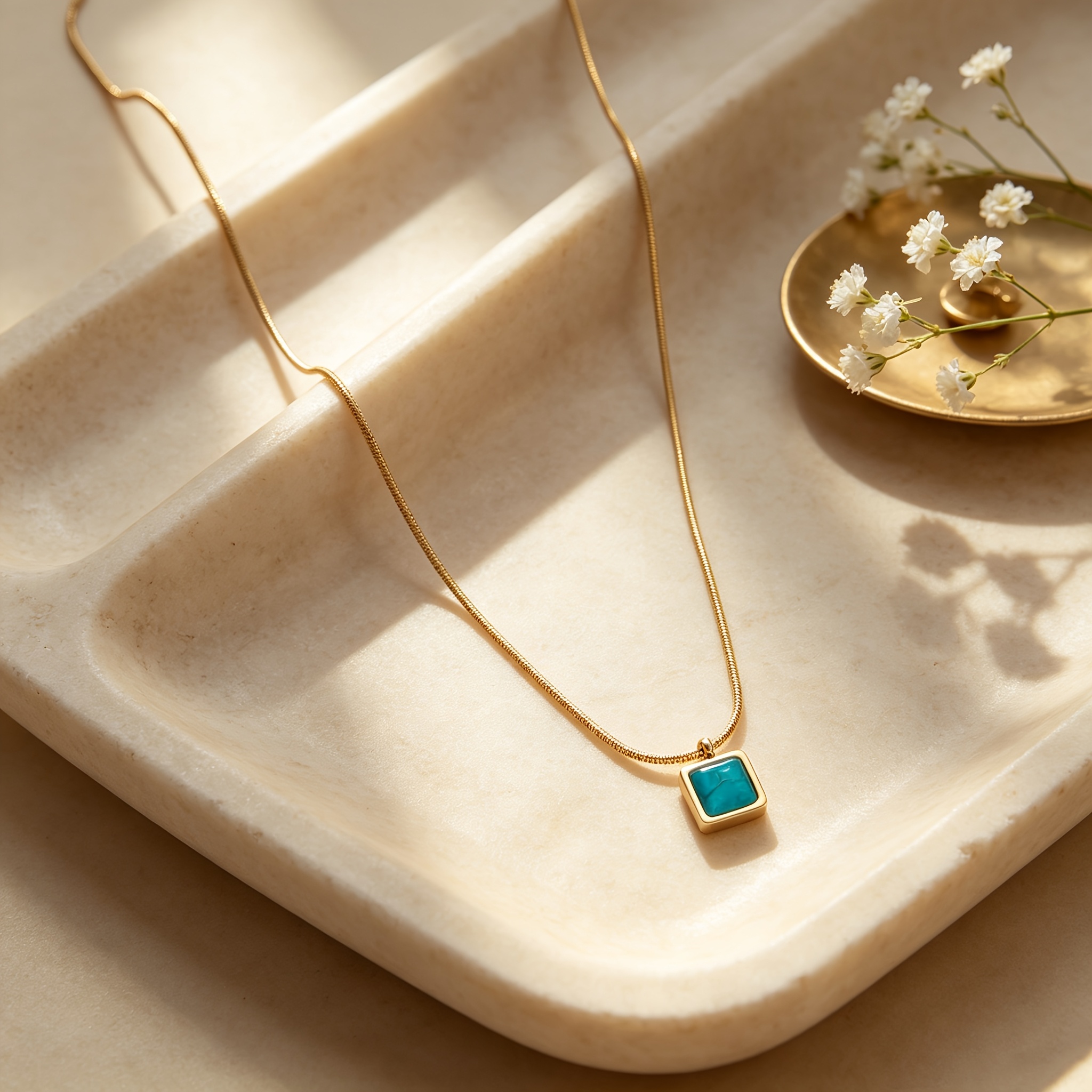 Women's 304 Stainless Steel Golden Necklace with Blue Square Pendant